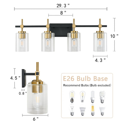 4-Light Black & Gold Vanity Light – Modern Bathroom Wall Light with Ribbed Glass