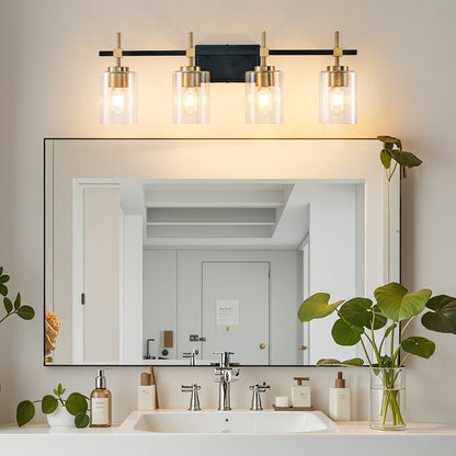 4-Light Black & Gold Vanity Light – Modern Bathroom Wall Light with Ribbed Glass