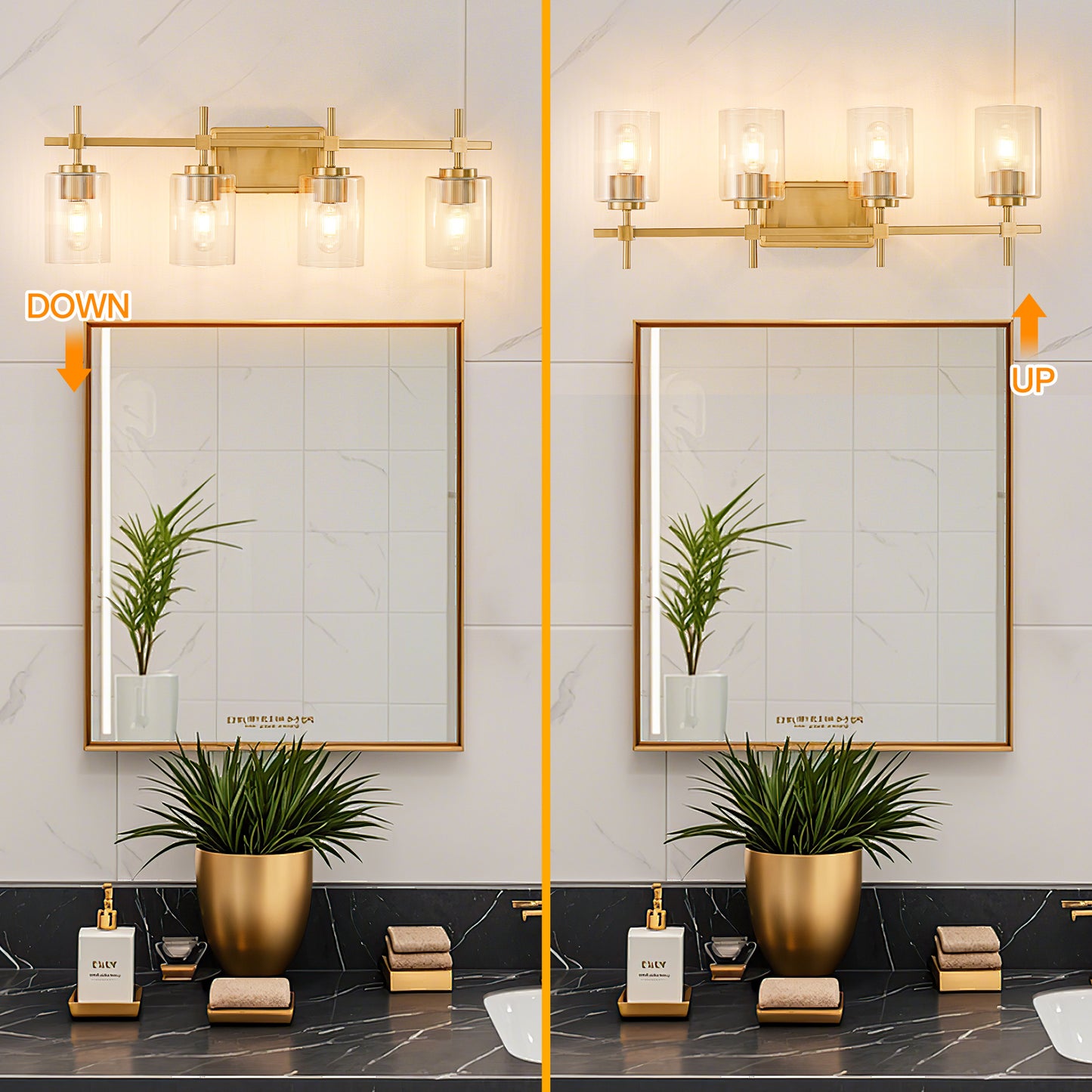 4-Light Gold Vanity Light – Modern Bathroom Wall Light with Ribbed Glass