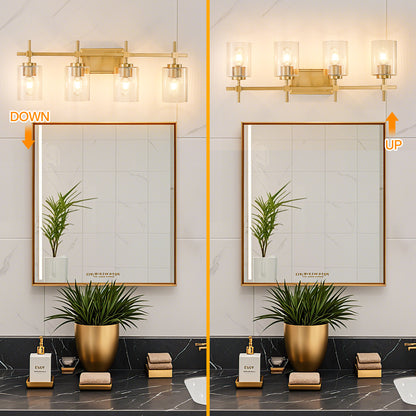 4-Light Gold Vanity Light – Modern Bathroom Wall Light with Ribbed Glass