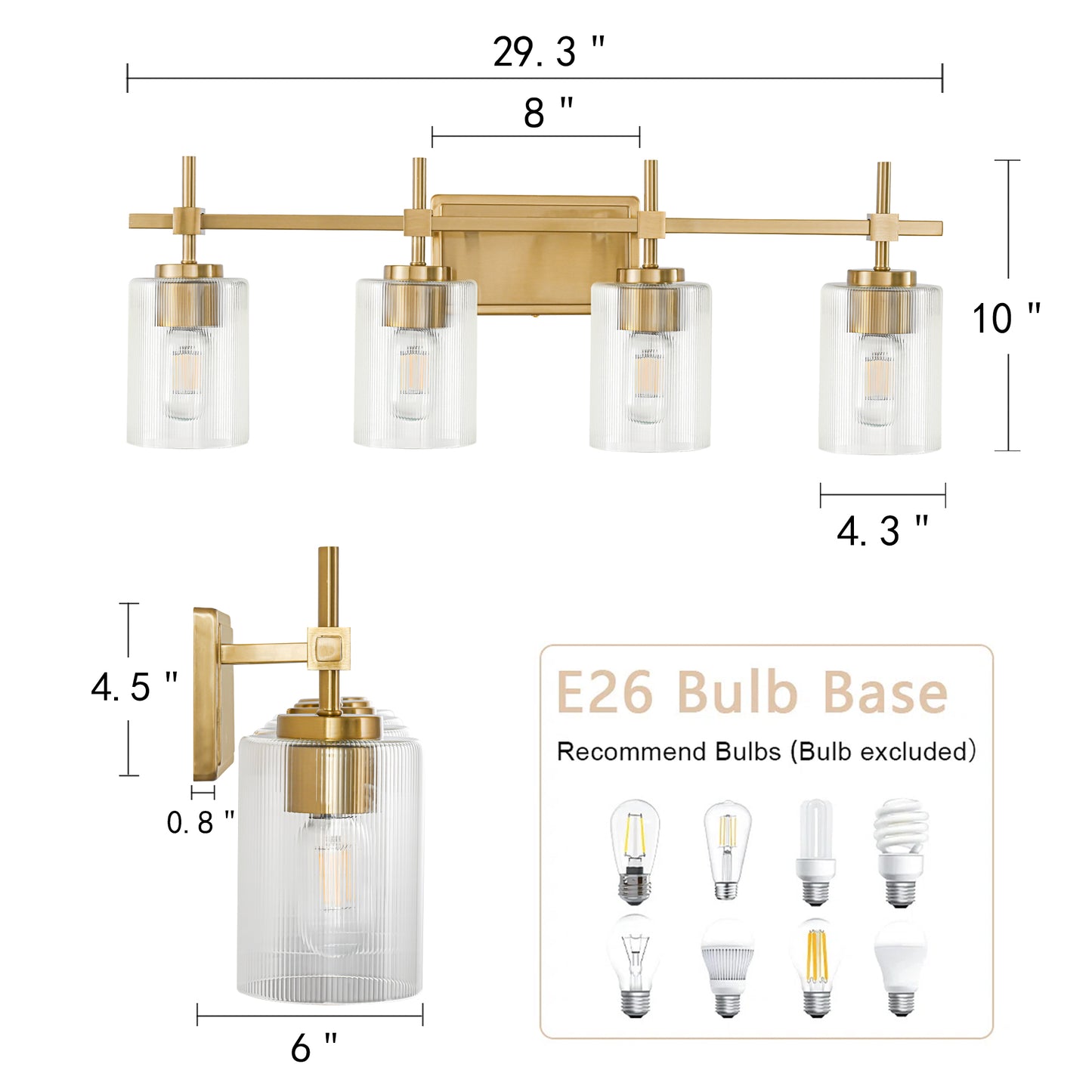 4-Light Gold Vanity Light – Modern Bathroom Wall Light with Ribbed Glass