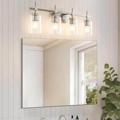 4-Light Brushed Nickel Vanity Light – Modern Bathroom Wall Light with Ribbed Glass