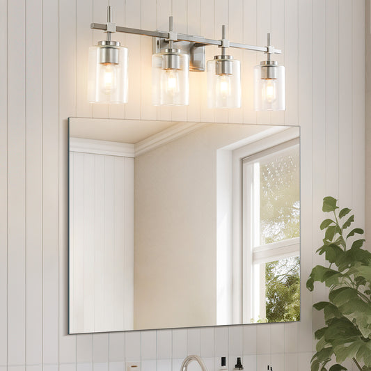 4-Light Brushed Nickel Vanity Light – Modern Bathroom Wall Light with Ribbed Glass