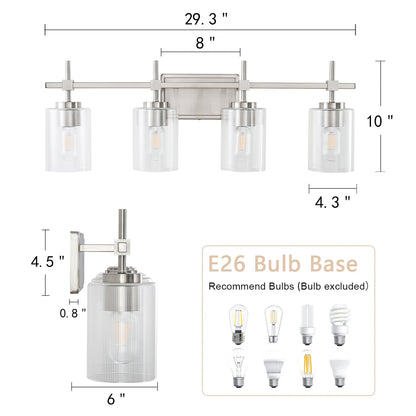 4-Light Brushed Nickel Vanity Light – Modern Bathroom Wall Light with Ribbed Glass