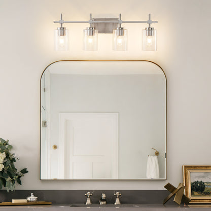 4-Light Brushed Nickel Vanity Light – Modern Bathroom Wall Light with Ribbed Glass