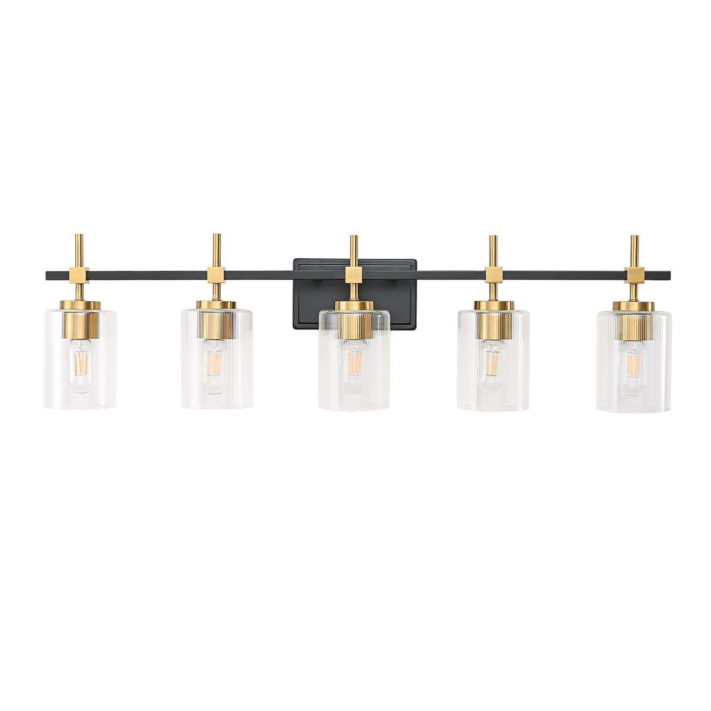 5-Light Black & Gold Vanity Light – Modern Bathroom Wall Light with Ribbed Glass