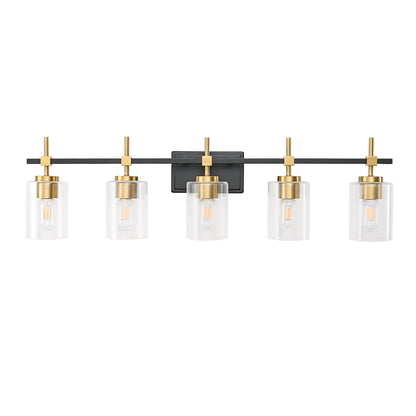 5-Light Black & Gold Vanity Light – Modern Bathroom Wall Light with Ribbed Glass