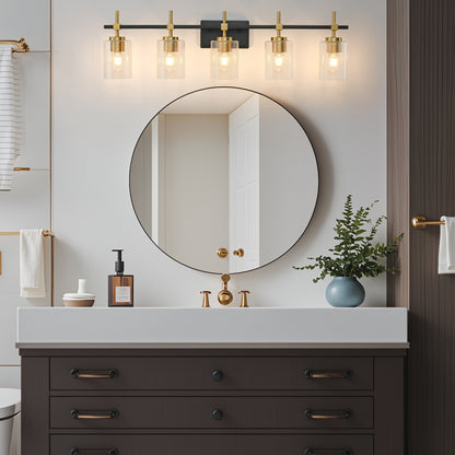 5-Light Black & Gold Vanity Light – Modern Bathroom Wall Light with Ribbed Glass