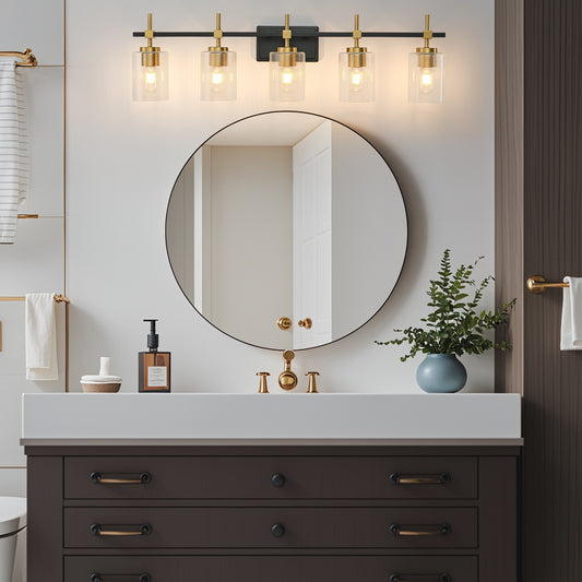 5-Light Black & Gold Vanity Light – Modern Bathroom Wall Light with Ribbed Glass