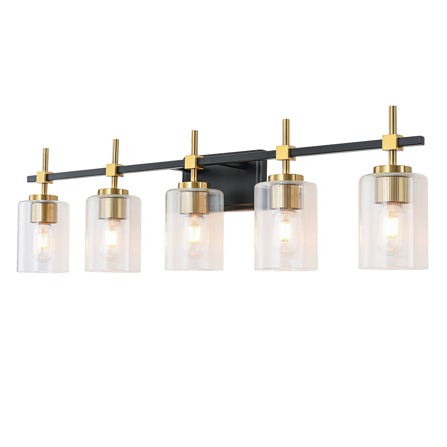 5-Light Black & Gold Vanity Light – Modern Bathroom Wall Light with Ribbed Glass