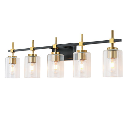 5-Light Black & Gold Vanity Light – Modern Bathroom Wall Light with Ribbed Glass