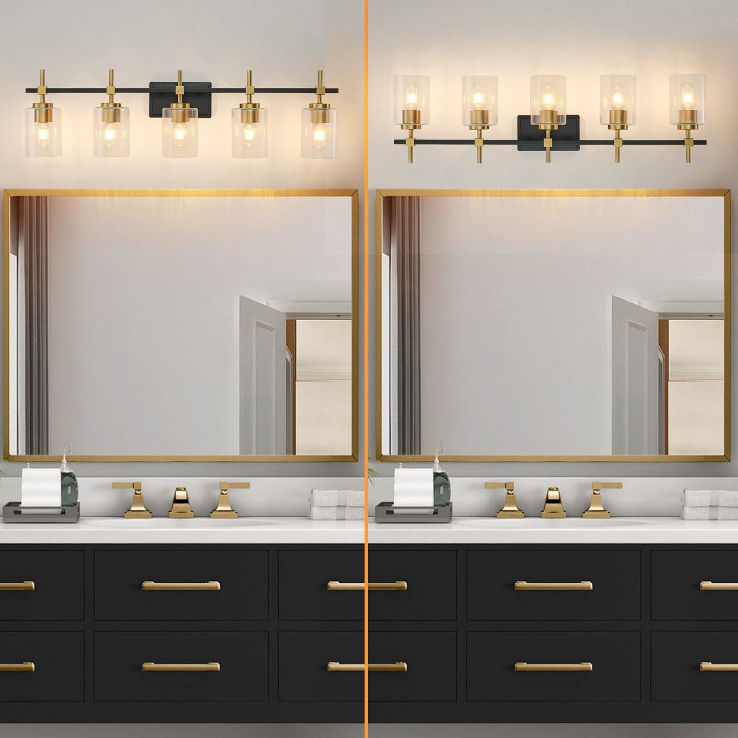5-Light Black & Gold Vanity Light – Modern Bathroom Wall Light with Ribbed Glass