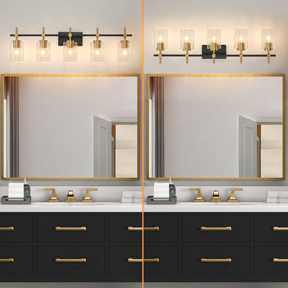5-Light Black & Gold Vanity Light – Modern Bathroom Wall Light with Ribbed Glass