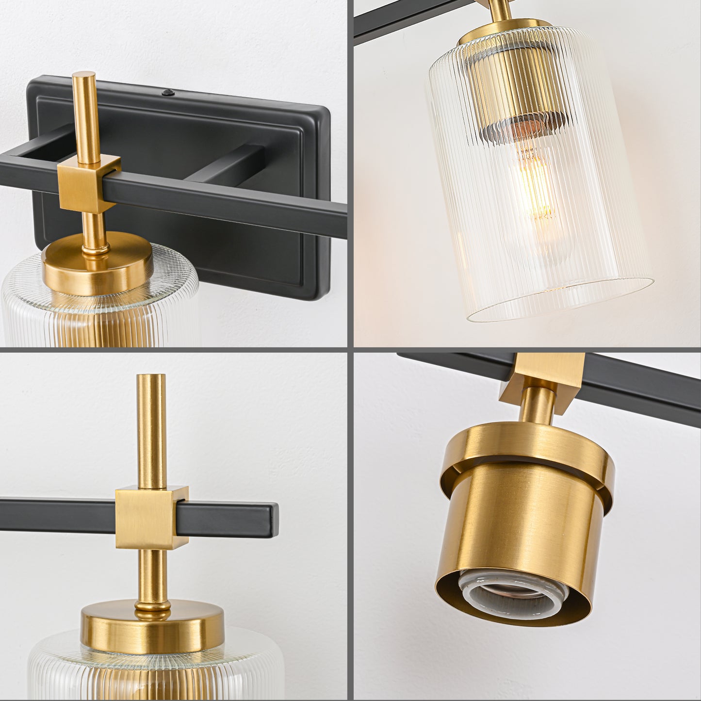 5-Light Black & Gold Vanity Light – Modern Bathroom Wall Light with Ribbed Glass