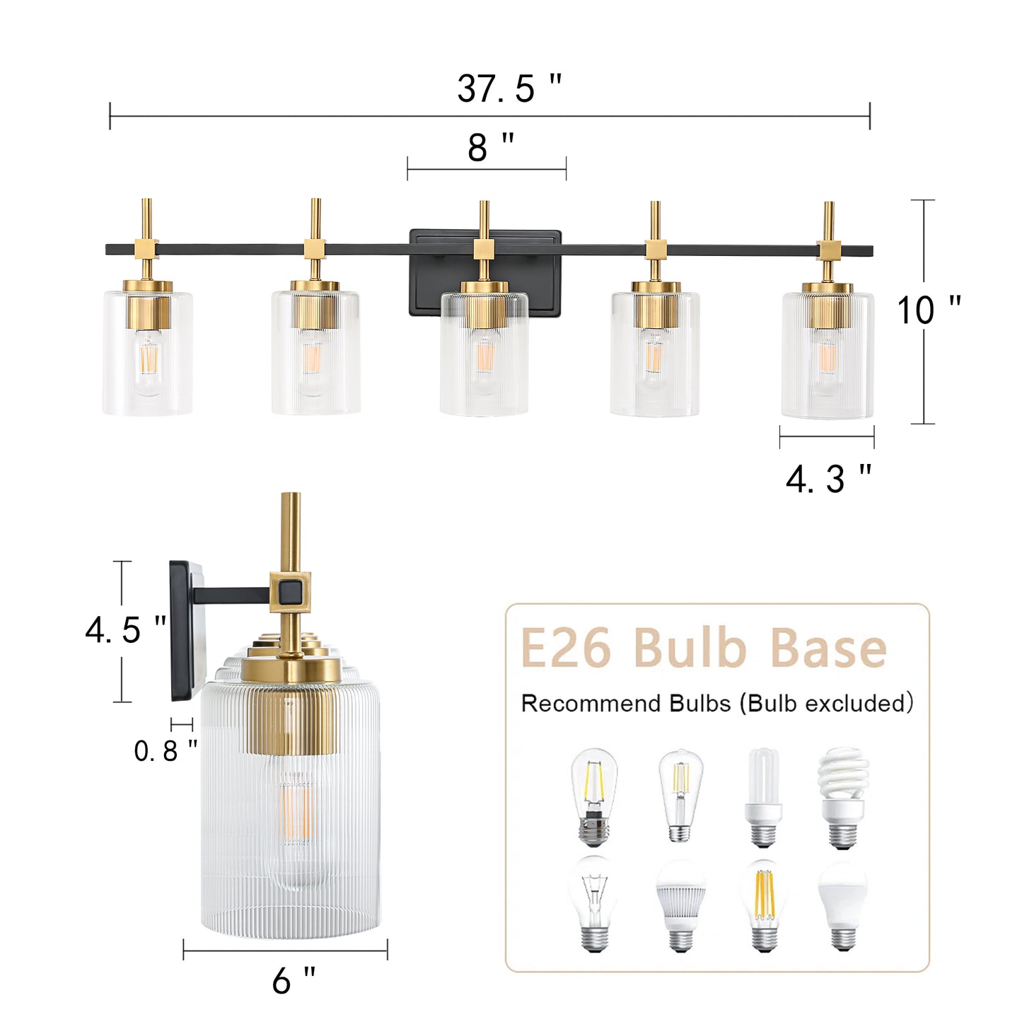 5-Light Black & Gold Vanity Light – Modern Bathroom Wall Light with Ribbed Glass