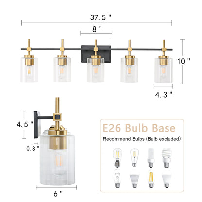 5-Light Black & Gold Vanity Light – Modern Bathroom Wall Light with Ribbed Glass