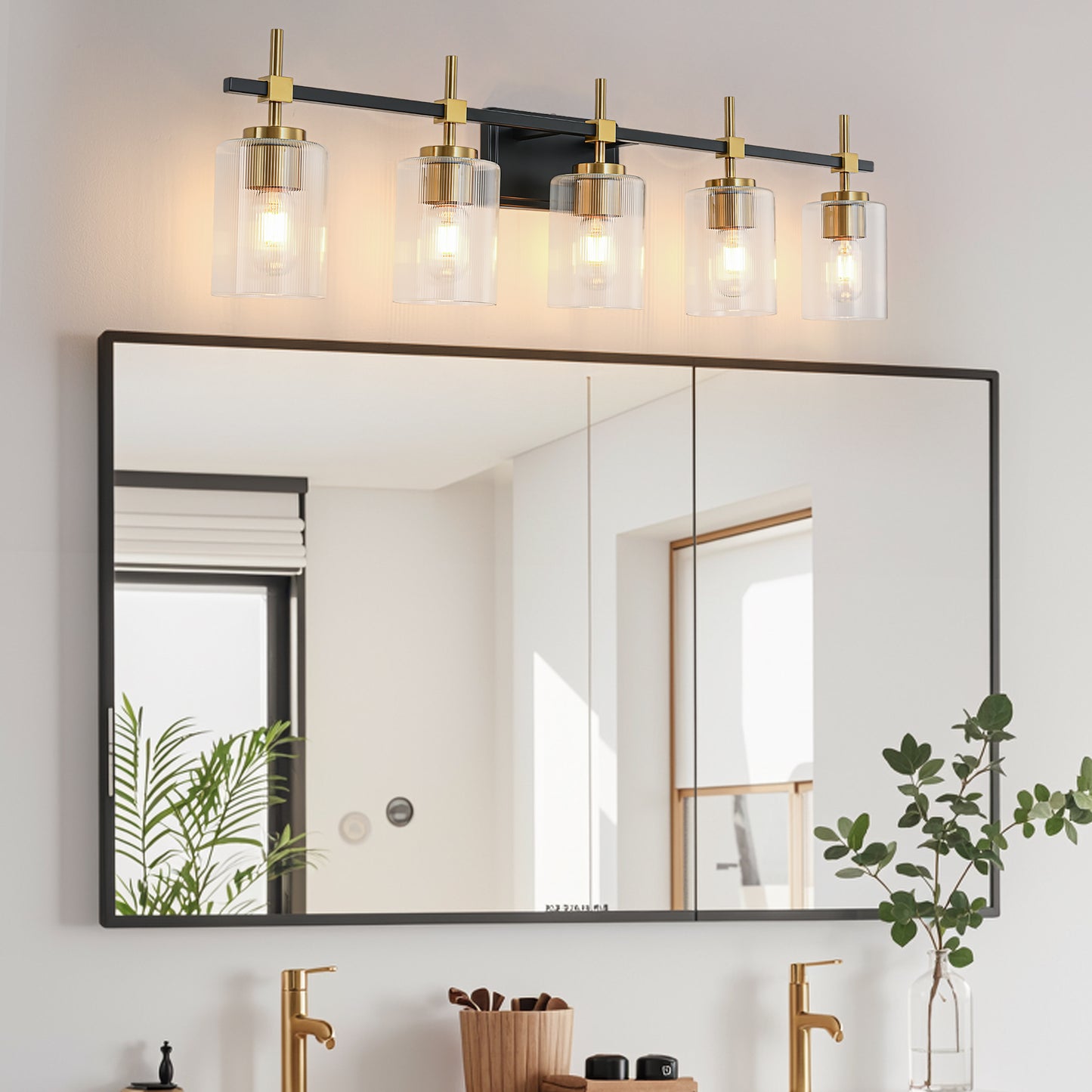 5-Light Black & Gold Vanity Light – Modern Bathroom Wall Light with Ribbed Glass