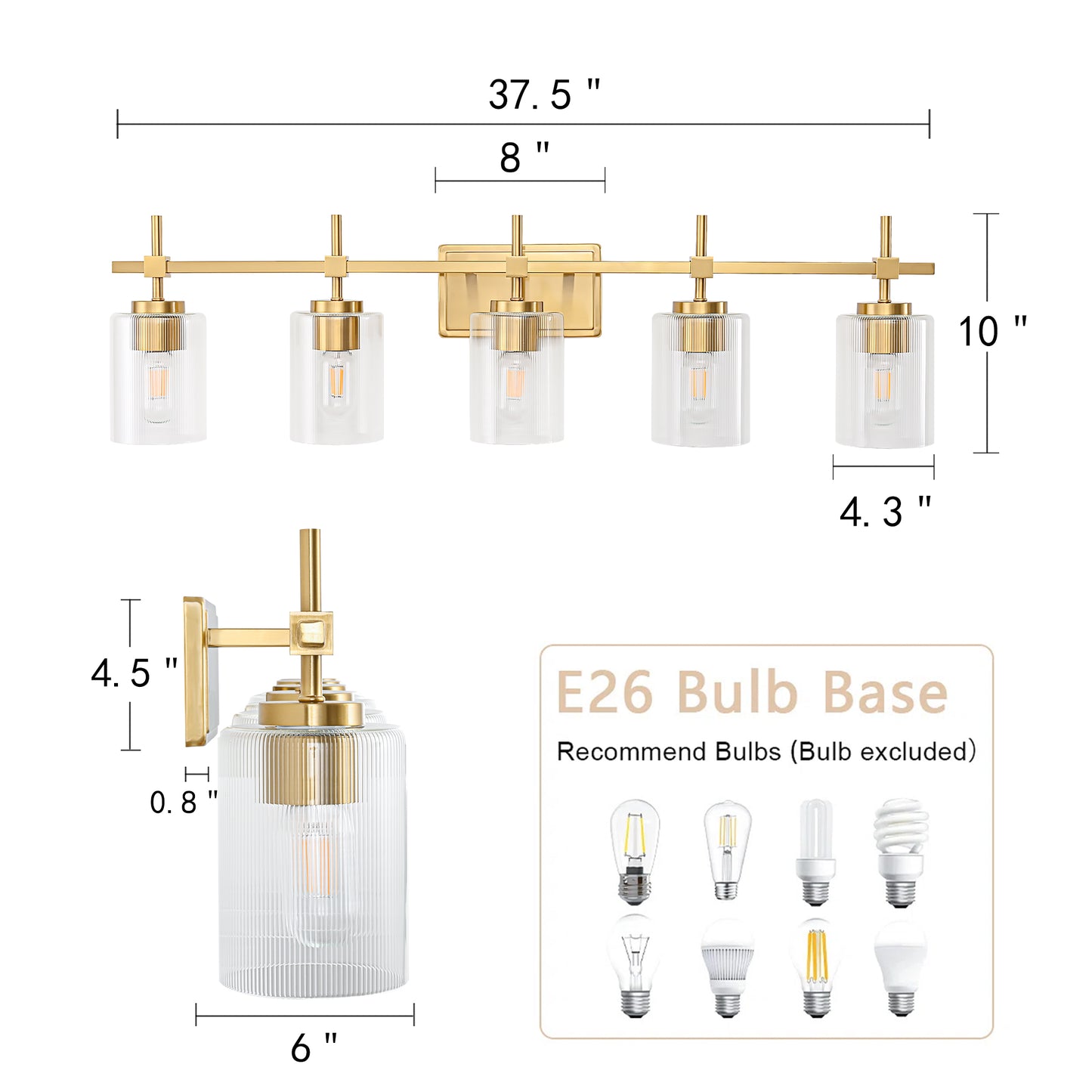 5-Light Gold Vanity Light – Modern Bathroom Wall Light with Ribbed Glass