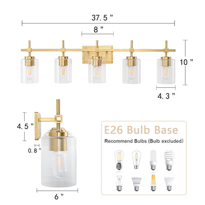 5-Light Gold Vanity Light – Modern Bathroom Wall Light with Ribbed Glass