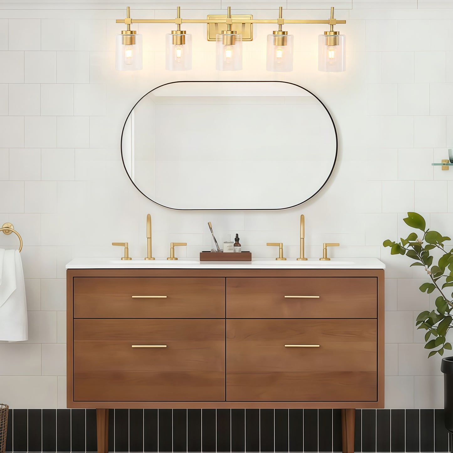 5-Light Gold Vanity Light – Modern Bathroom Wall Light with Ribbed Glass