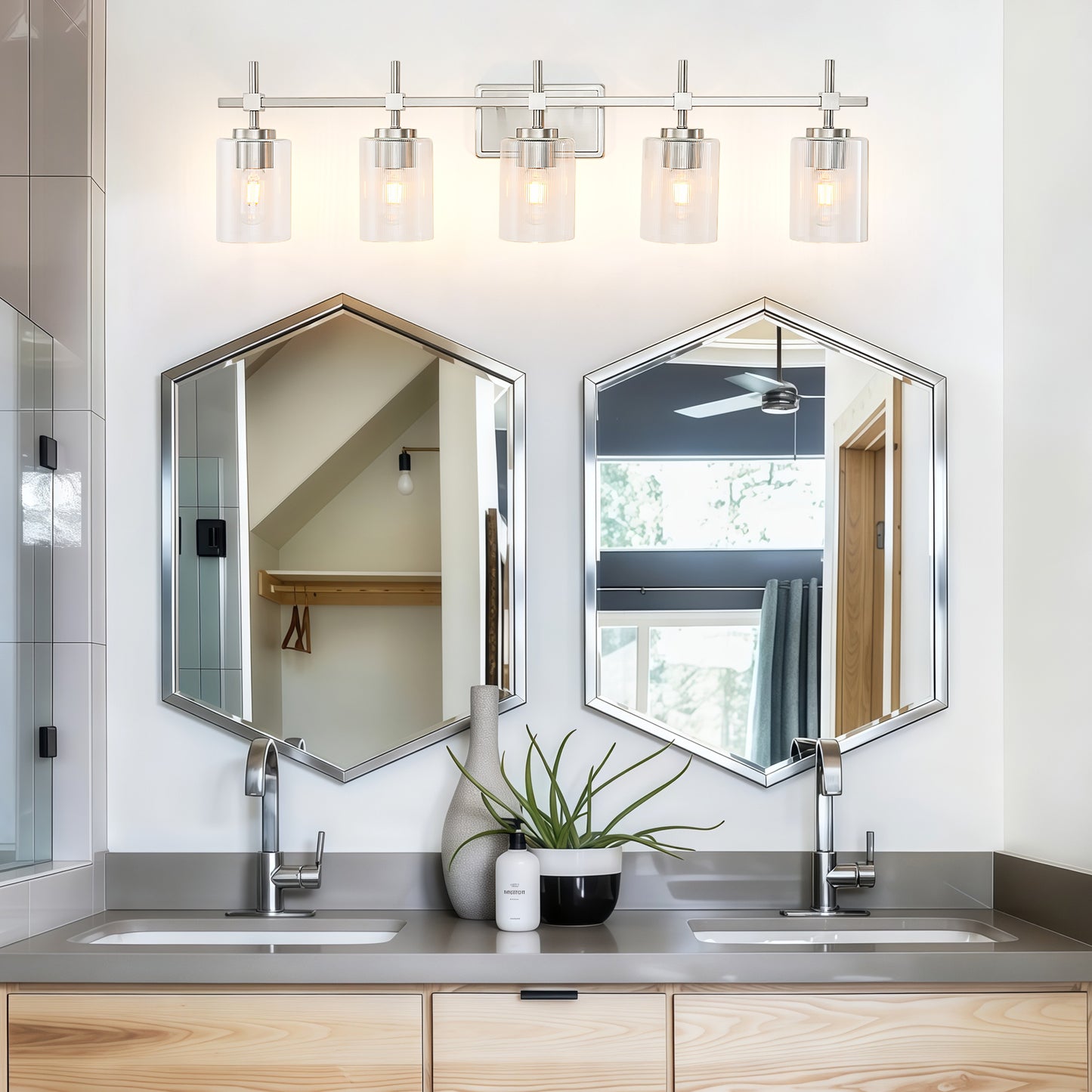 5-Light Brushed Nickel Vanity Light – Modern Bathroom Wall Light with Ribbed Glass