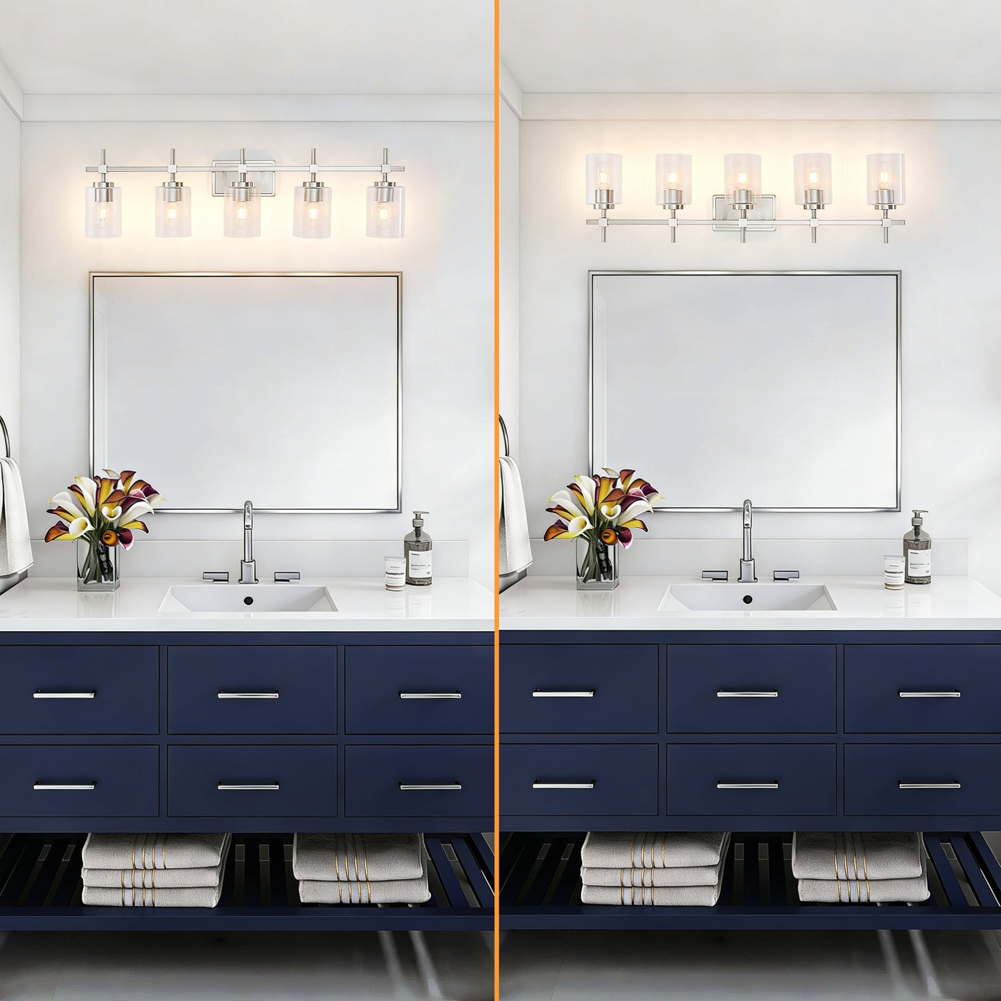 5-Light Brushed Nickel Vanity Light – Modern Bathroom Wall Light with Ribbed Glass