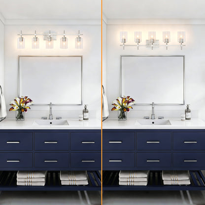 5-Light Brushed Nickel Vanity Light – Modern Bathroom Wall Light with Ribbed Glass