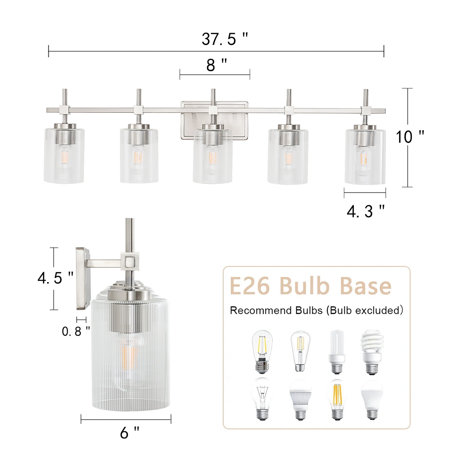 5-Light Brushed Nickel Vanity Light – Modern Bathroom Wall Light with Ribbed Glass