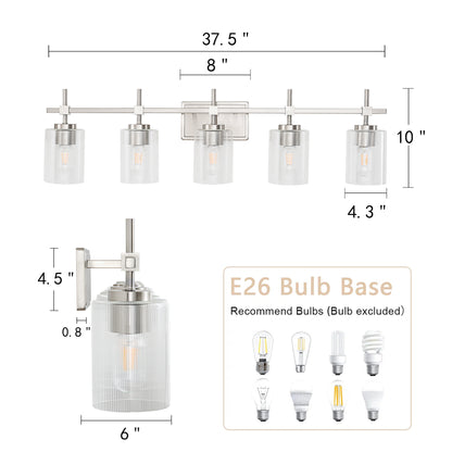 5-Light Brushed Nickel Vanity Light – Modern Bathroom Wall Light with Ribbed Glass