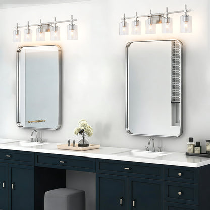 5-Light Brushed Nickel Vanity Light – Modern Bathroom Wall Light with Ribbed Glass
