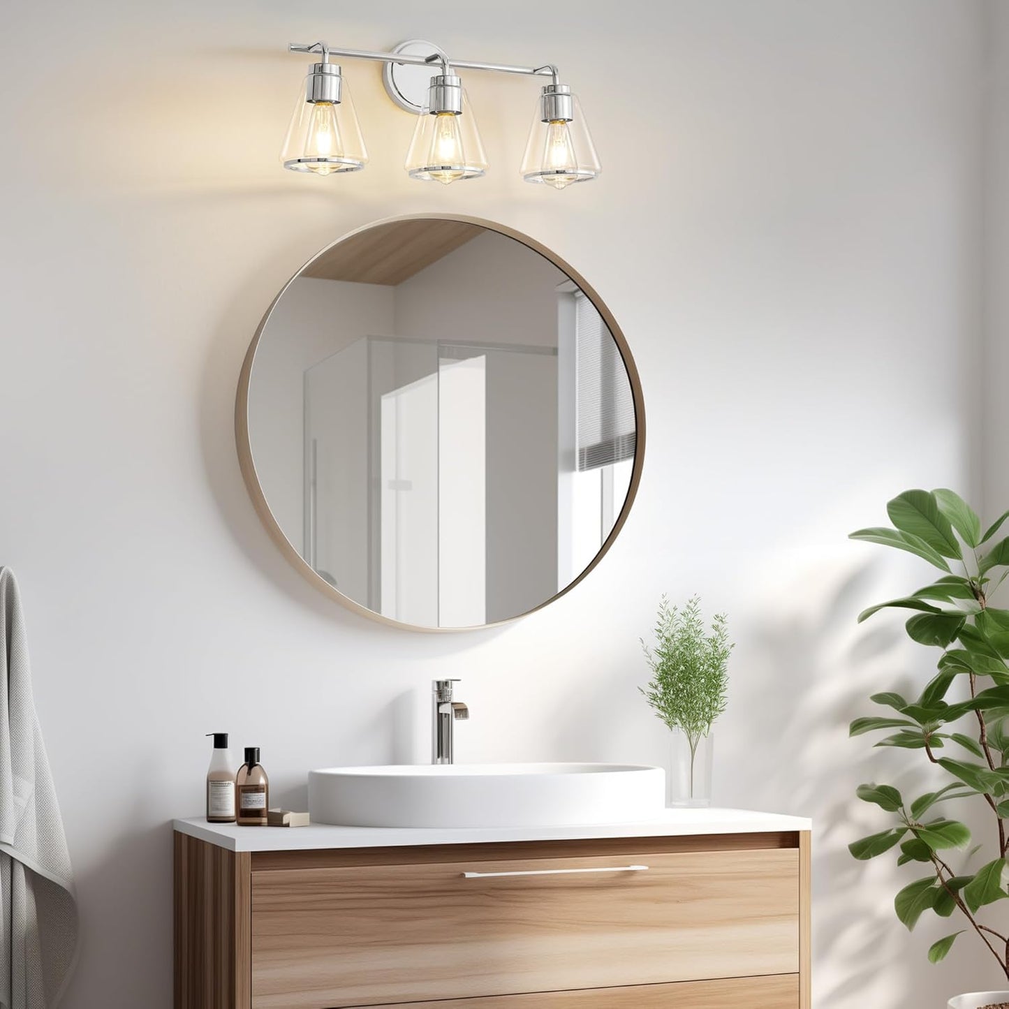 3-Light Chrome Bathroom Vanity Light with Clear Glass – Modern Wall Light Fixture