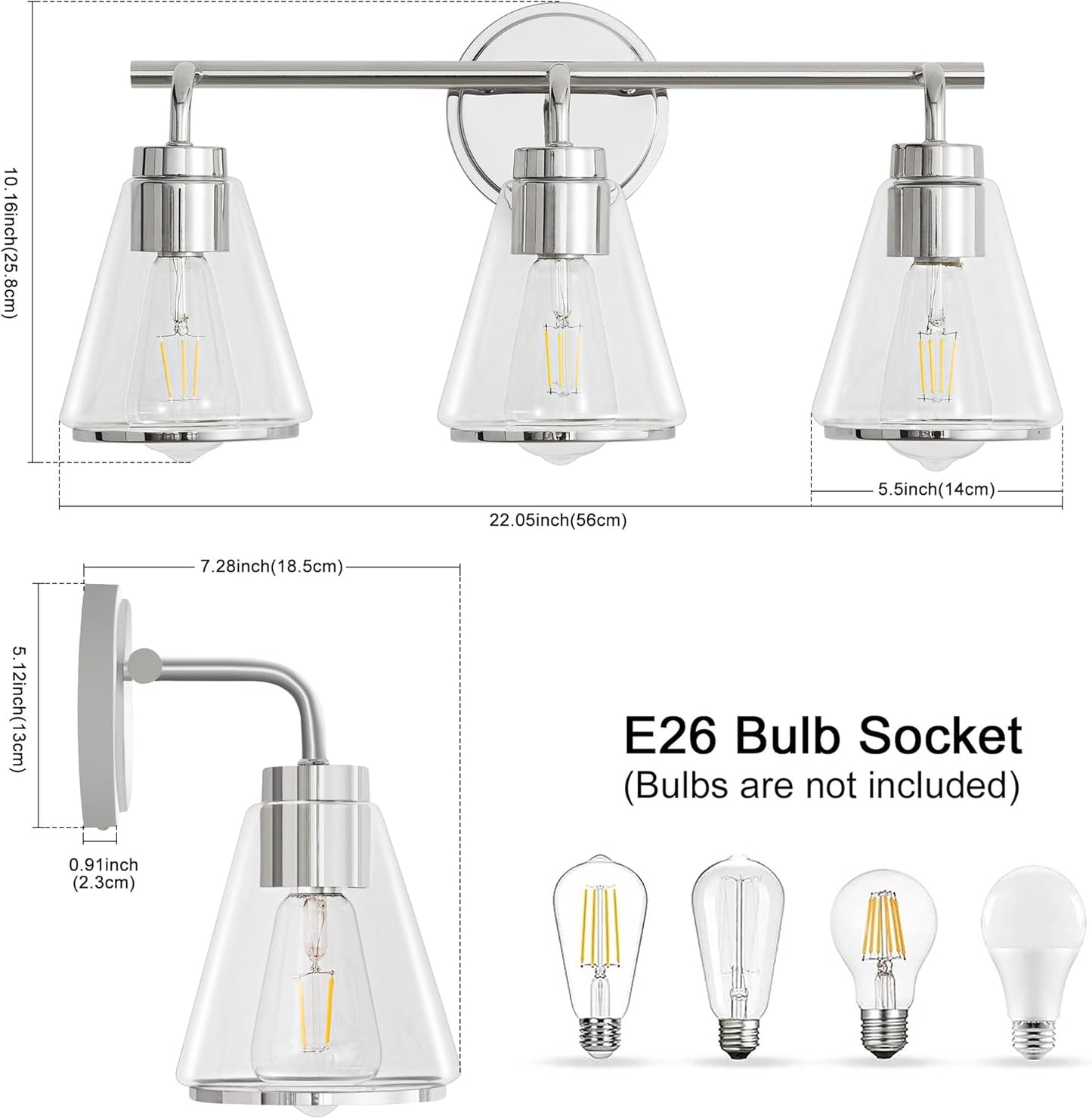 3-Light Chrome Bathroom Vanity Light with Clear Glass – Modern Wall Light Fixture