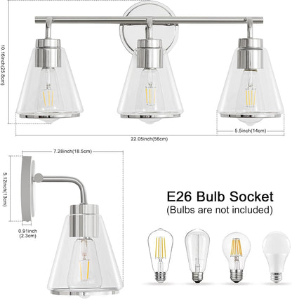 3-Light Chrome Bathroom Vanity Light with Clear Glass – Modern Wall Light Fixture