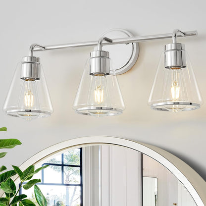 3-Light Chrome Bathroom Vanity Light with Clear Glass – Modern Wall Light Fixture