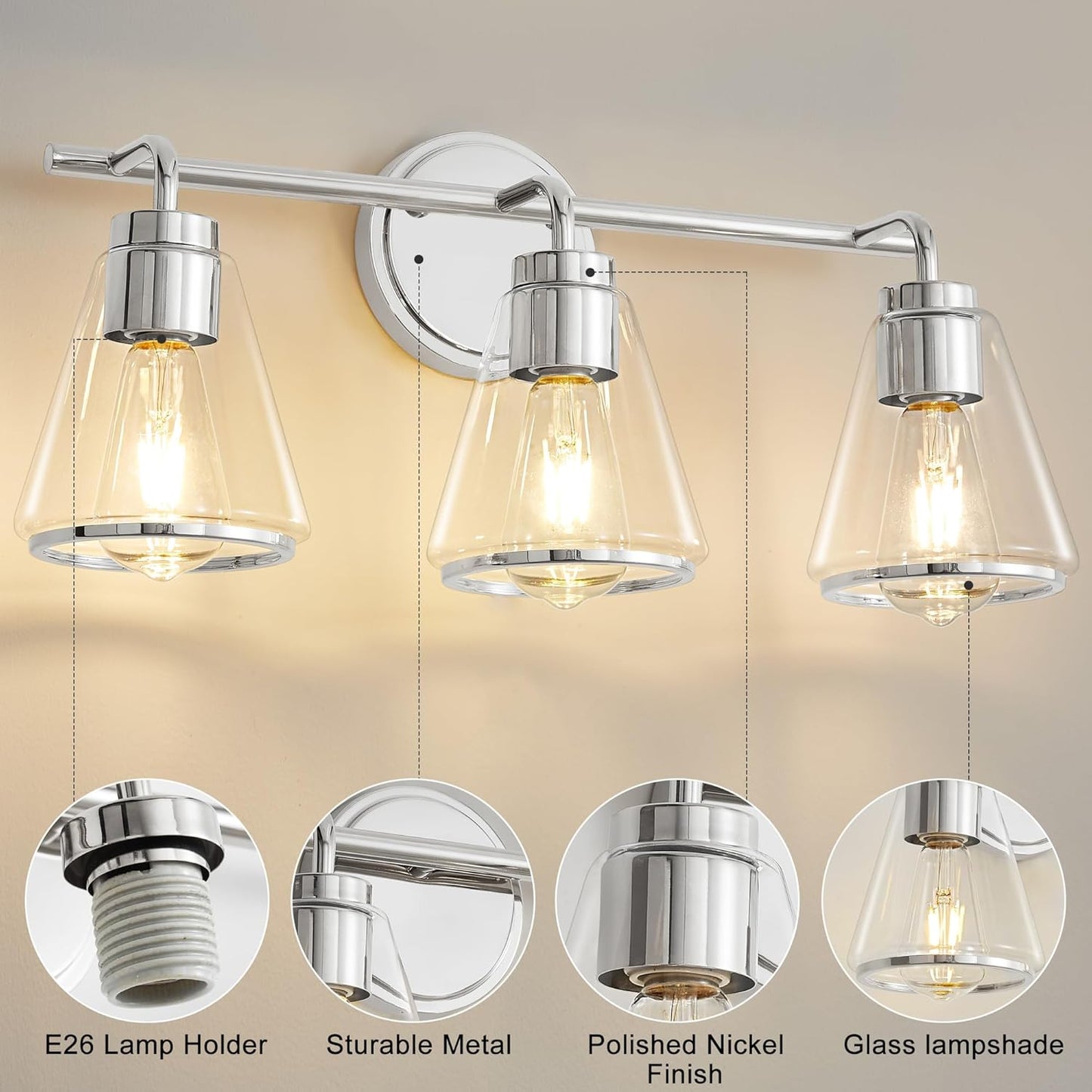 3-Light Chrome Bathroom Vanity Light with Clear Glass – Modern Wall Light Fixture
