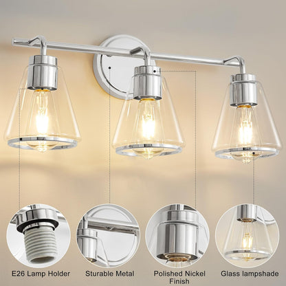 3-Light Chrome Bathroom Vanity Light with Clear Glass – Modern Wall Light Fixture