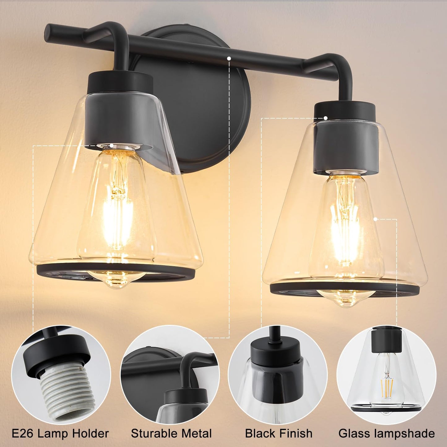 2-Light Matte Black Bathroom Vanity Light with Clear Glass – Modern Wall Light Fixture