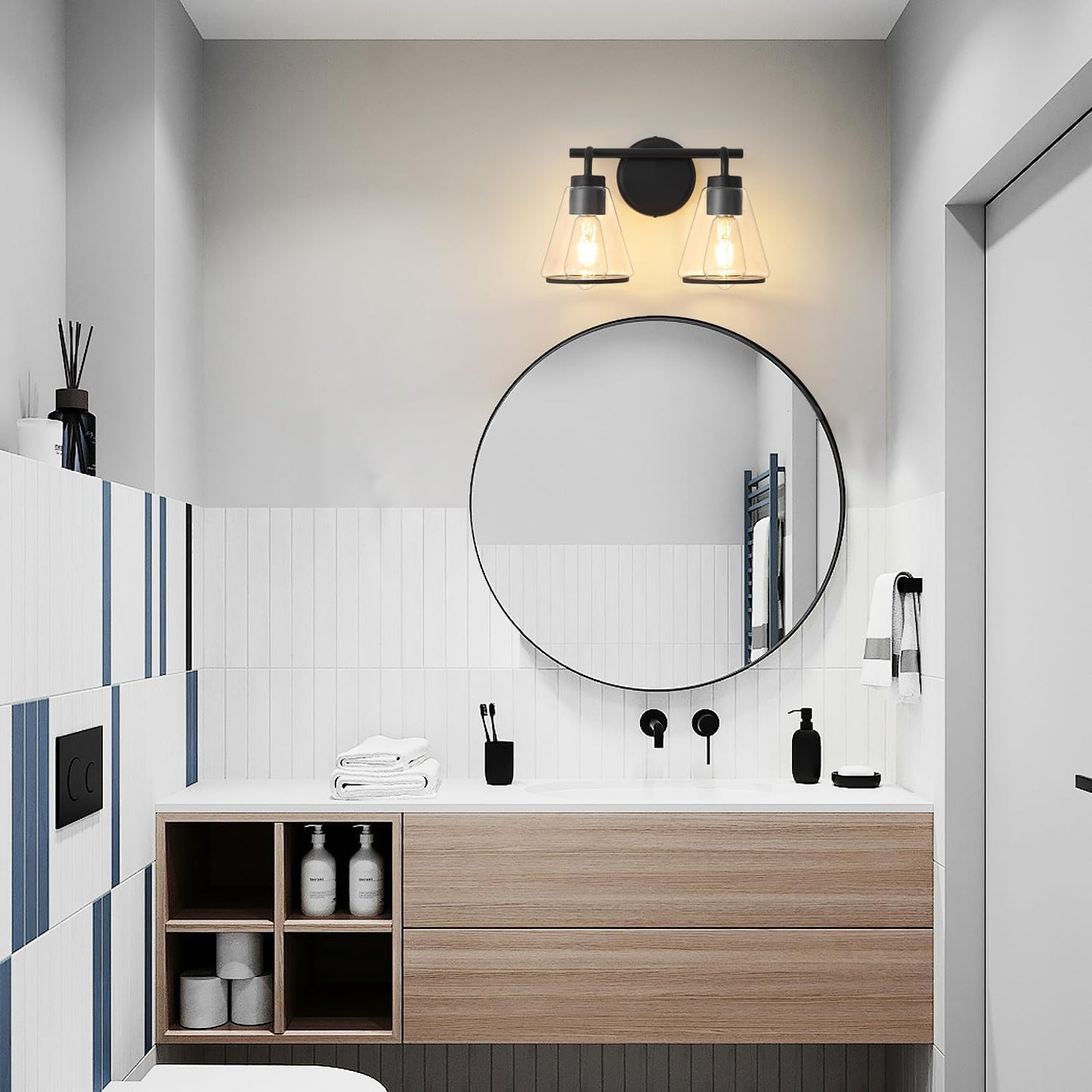 2-Light Matte Black Bathroom Vanity Light with Clear Glass – Modern Wall Light Fixture