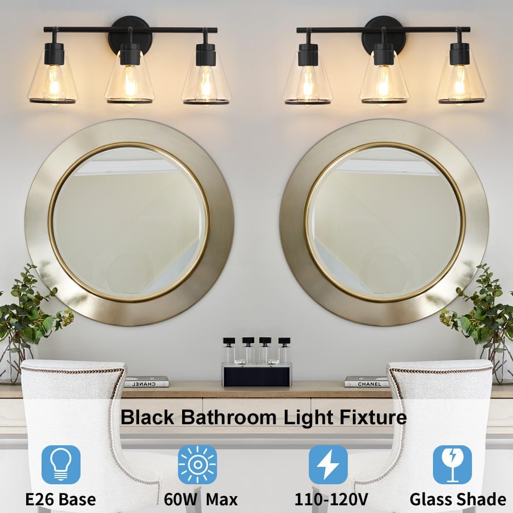 3-Light Matte Black Bathroom Vanity Light with Clear Glass – Modern Wall Light Fixture