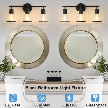 3-Light Matte Black Bathroom Vanity Light with Clear Glass – Modern Wall Light Fixture