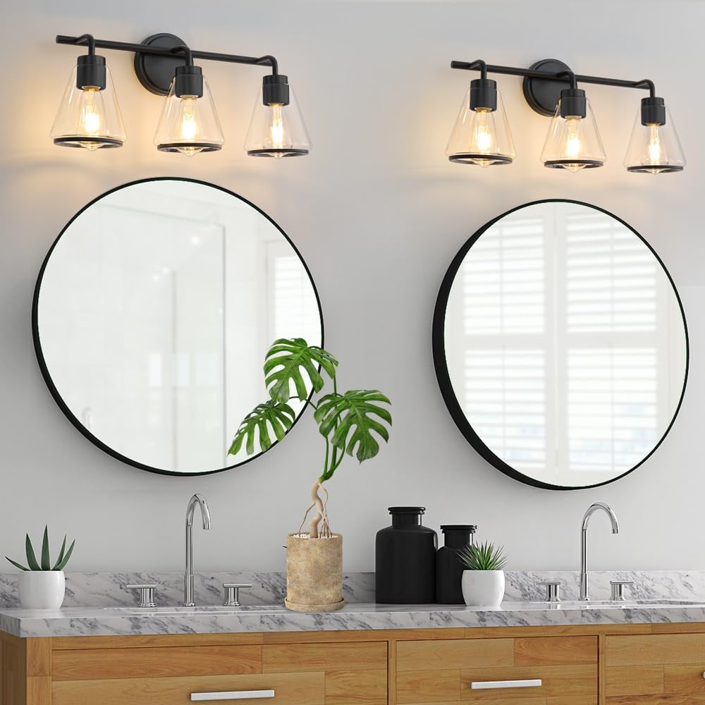 3-Light Matte Black Bathroom Vanity Light with Clear Glass – Modern Wall Light Fixture