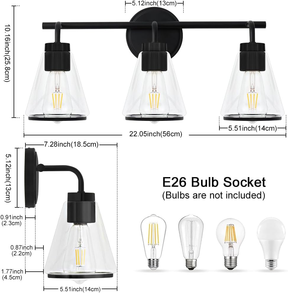3-Light Matte Black Bathroom Vanity Light with Clear Glass – Modern Wall Light Fixture