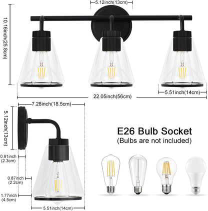 3-Light Matte Black Bathroom Vanity Light with Clear Glass – Modern Wall Light Fixture