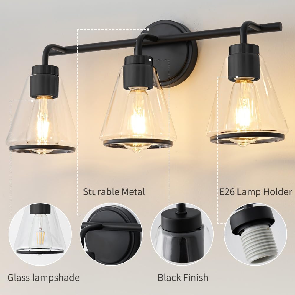 3-Light Matte Black Bathroom Vanity Light with Clear Glass – Modern Wall Light Fixture