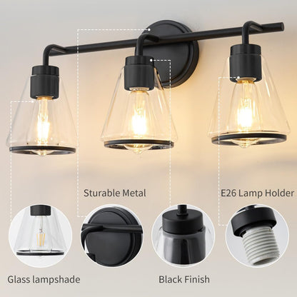 3-Light Matte Black Bathroom Vanity Light with Clear Glass – Modern Wall Light Fixture