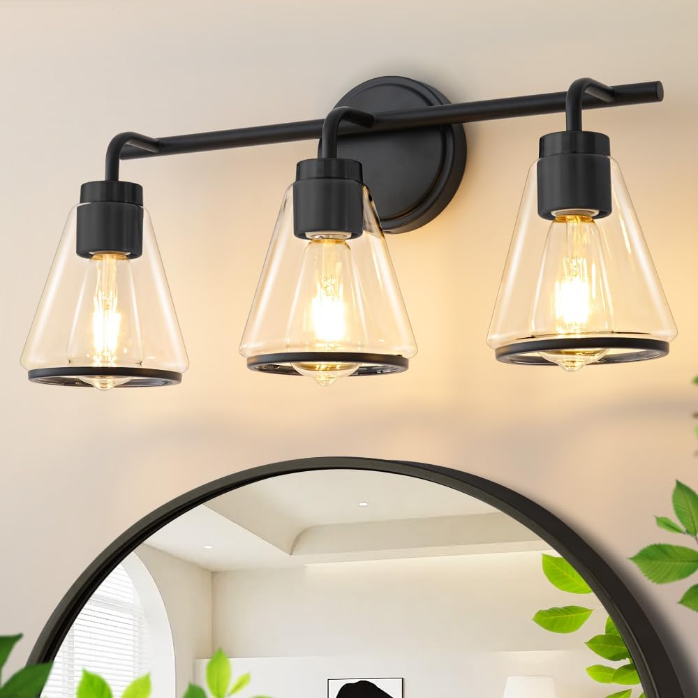3-Light Matte Black Bathroom Vanity Light with Clear Glass – Modern Wall Light Fixture