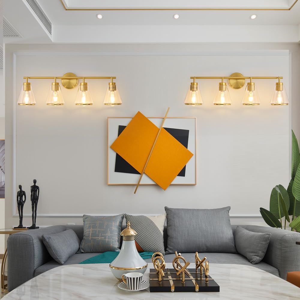 4-Light Gold Bathroom Vanity Light with Clear Glass – Modern Wall Light Fixture