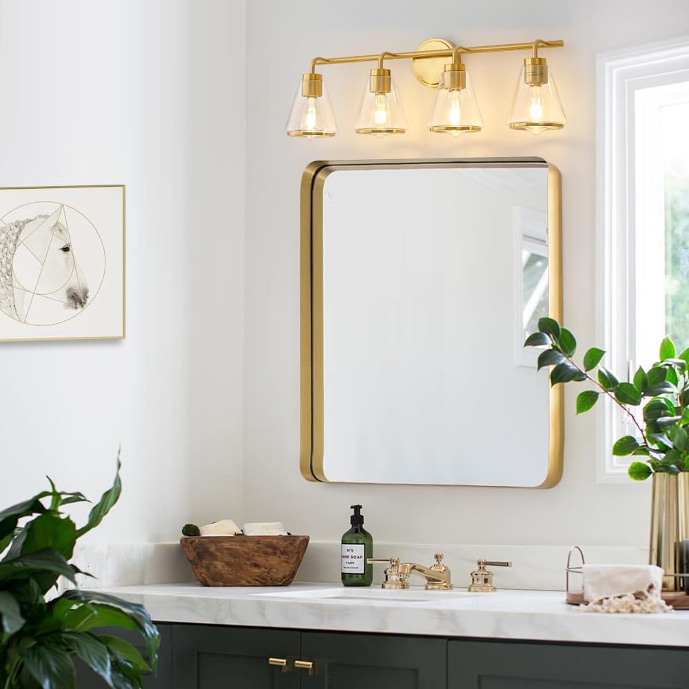 4-Light Gold Bathroom Vanity Light with Clear Glass – Modern Wall Light Fixture