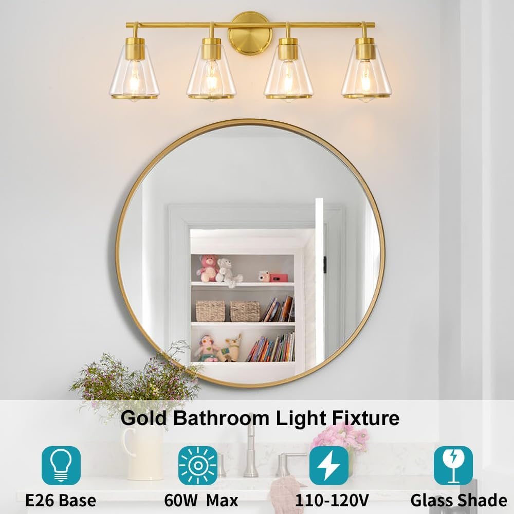 4-Light Gold Bathroom Vanity Light with Clear Glass – Modern Wall Light Fixture