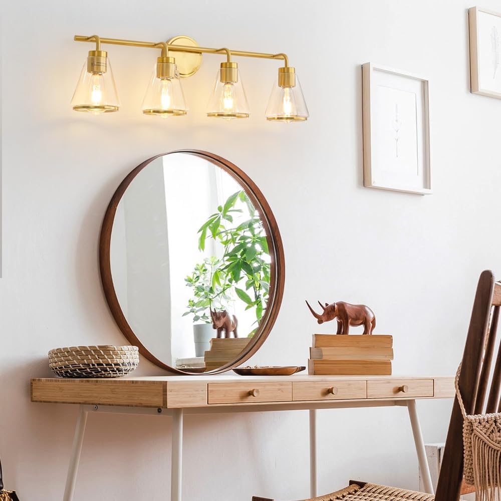4-Light Gold Bathroom Vanity Light with Clear Glass – Modern Wall Light Fixture